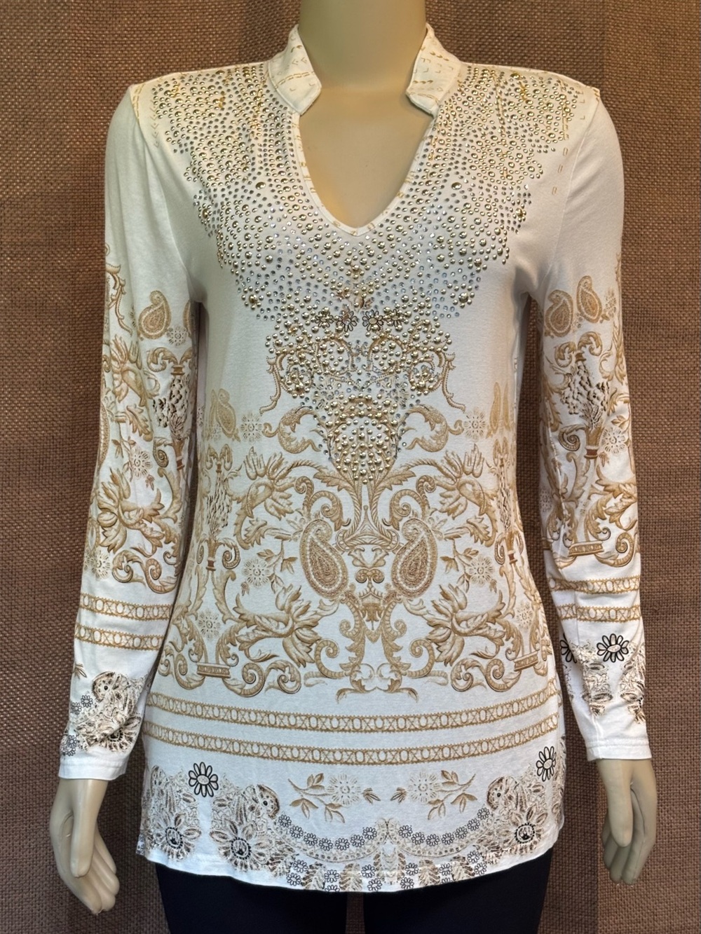Cristina Cream Long-Sleeve V-Neck Top with Gold Embellishment